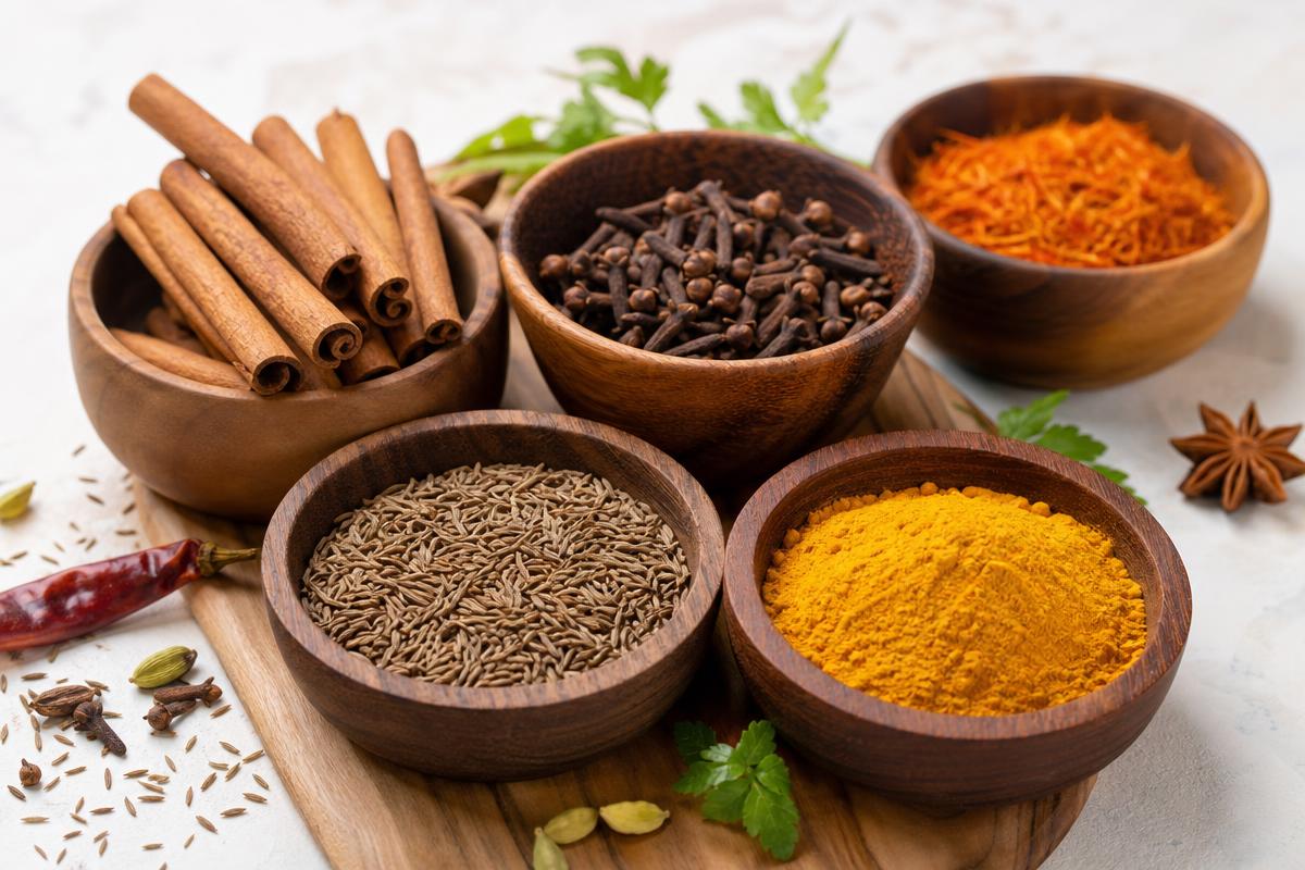 Ervas e especiarias: orégano, canela, cravo e pimentas
