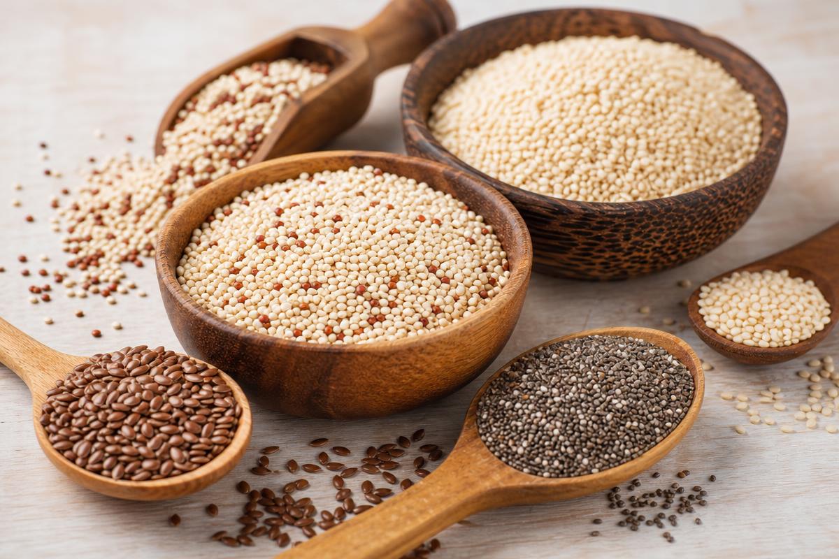Grãos e sementes: chia, linhaça, quinoa e gergelim